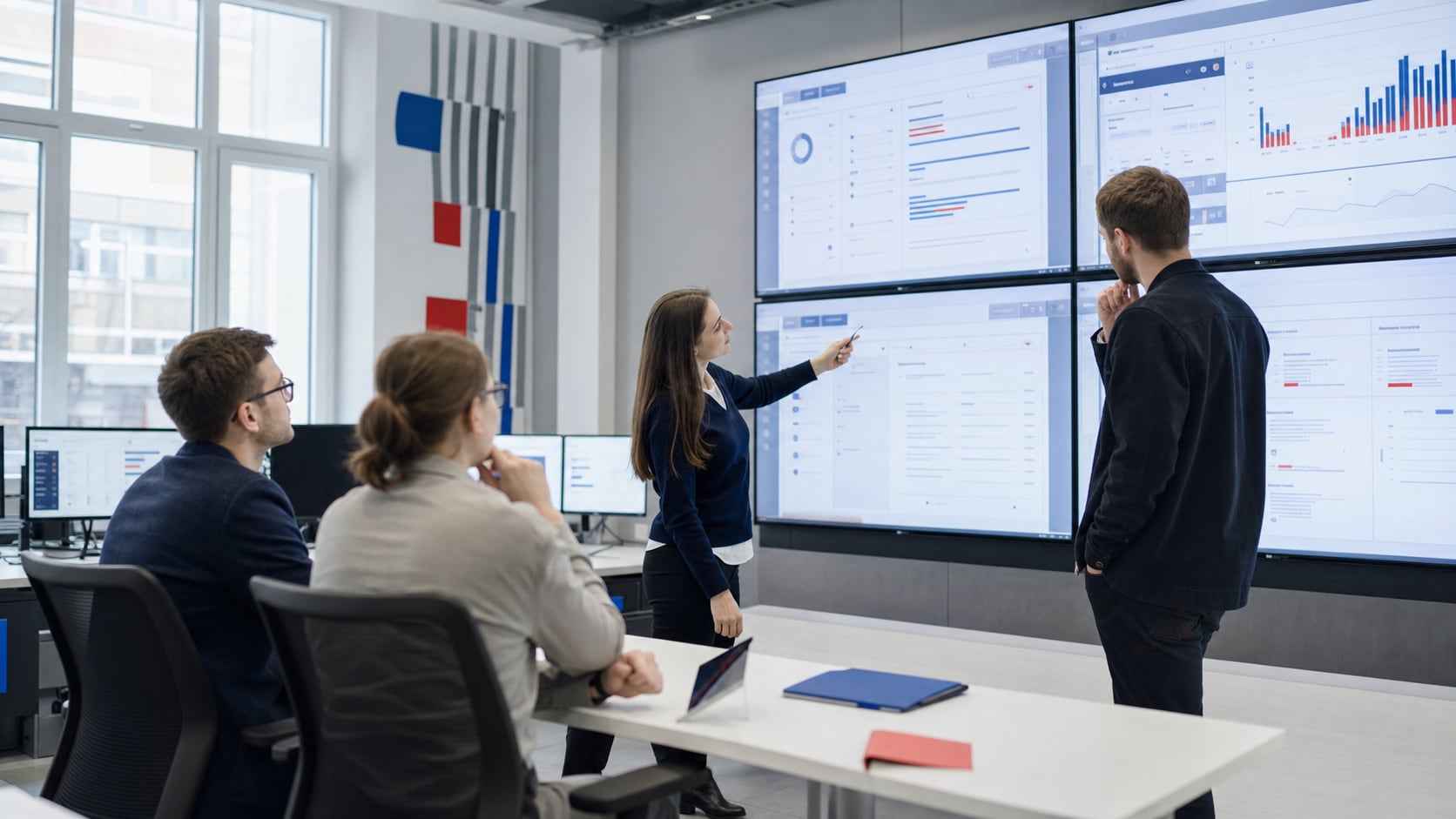 Рабочая встреча команды у экранов университетской CRM
